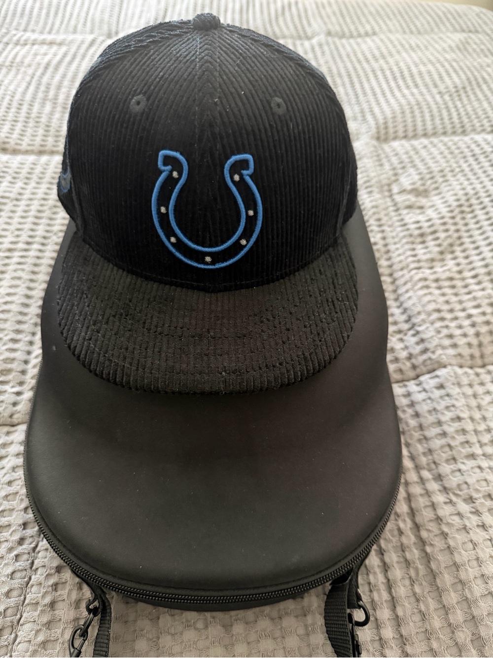 New Era Black Corduroy Cap with Light Blue Horseshoe